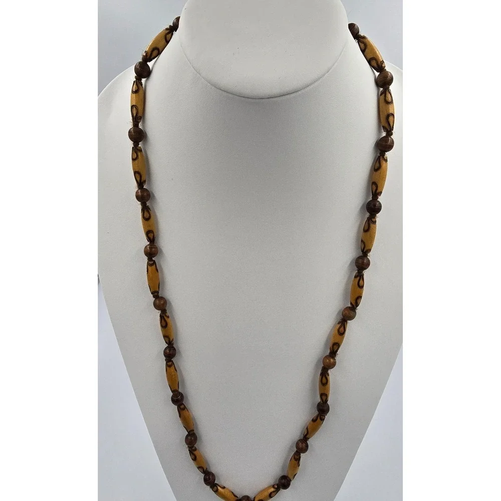 Vintage 90s Brown Wood Chunky Bead Necklace Earthy Statement Fashion Jewelry